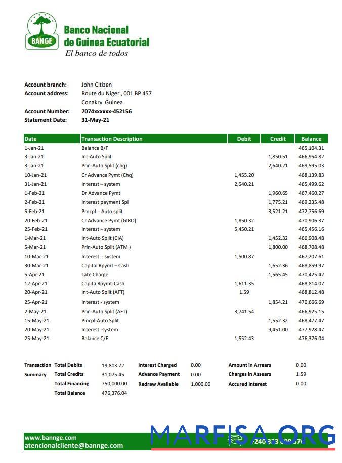 Downloadable Equatorial Guinea The National Bank of Equatorial Guinea bank statement excel real example